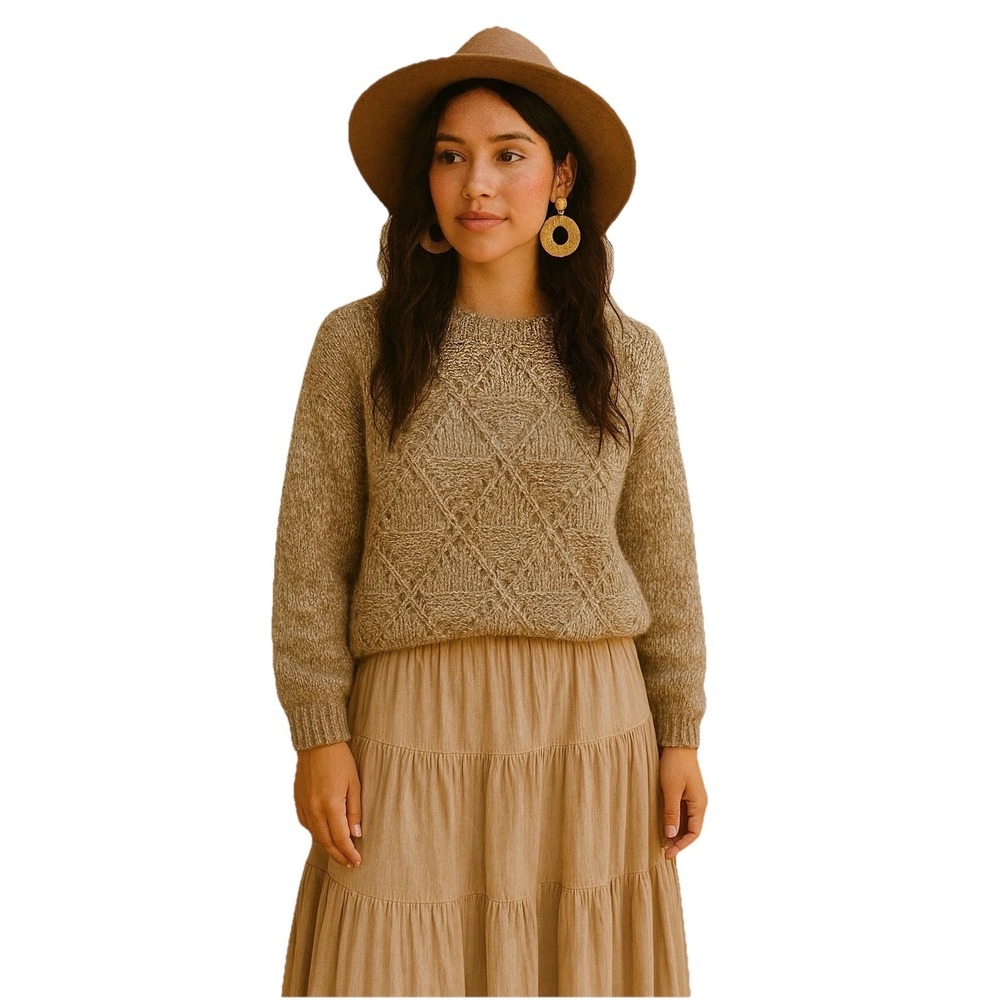 Le‎ Chois Womens Sweater Medium Light Brown Pullover Round Neck Long Sleeves